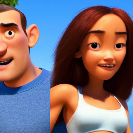 Prompt: young beautiful athletic Filipino woman with long hair and a handsome caucasian athletic thin man with short buzzed hair, high widows peak, stubble on his face, both depicted as Pixar characters, high quality cg render