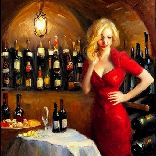 Prompt: pretty blonde beautiful woman in a wine cellar, elegant, red wine, meat, cheese, sausages, torches light the wall, impressionism, painting by Vladimir Volegov