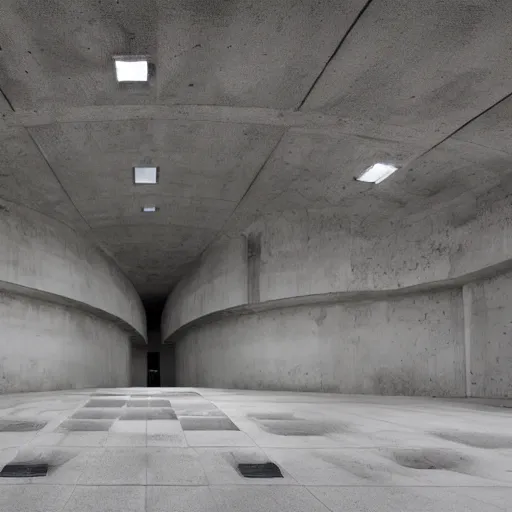 Image similar to underground flooded concrete structure, minimalist architecture, surreal, liminal space, angled walls, high ceiling,