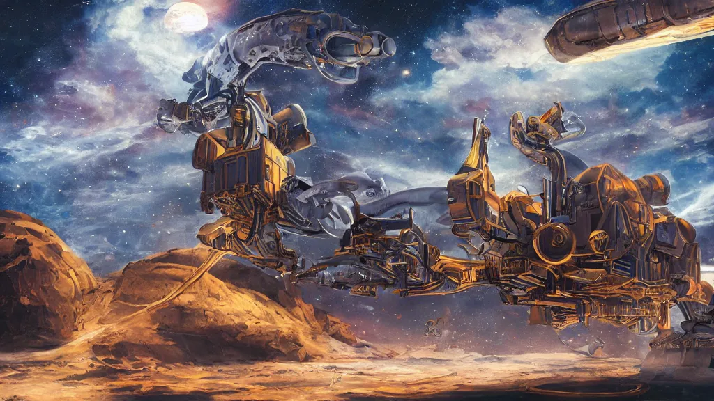 Image similar to fantasy illustration of giant machines in space