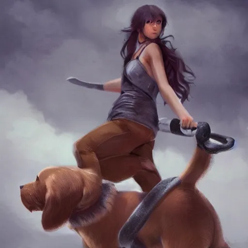 Image similar to a girl riding a giant dog, trending on artstation