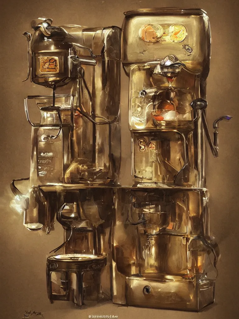 Prompt: illustration of an ancient coffee machine, by Simon Stalenhaag, by Yoshita Amano, by Esao Andrews, sharp focus, fresh colors, conceptart, trending on artstation