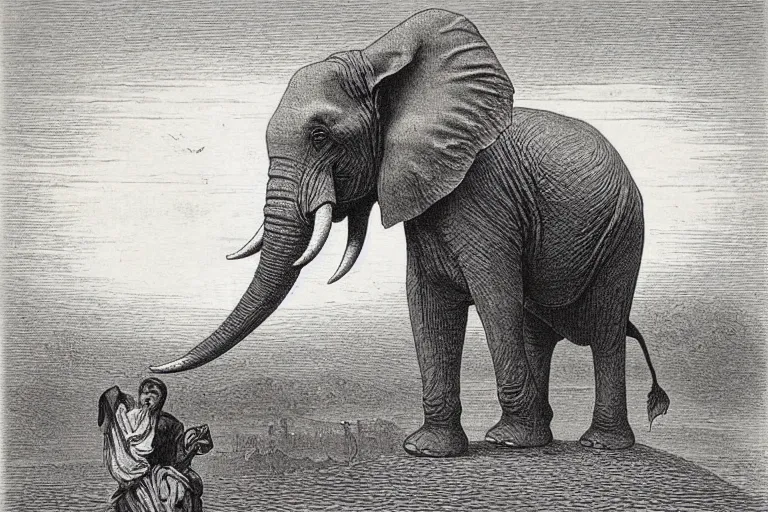 Prompt: elephant holding flat planet, Gustave Dore lithography