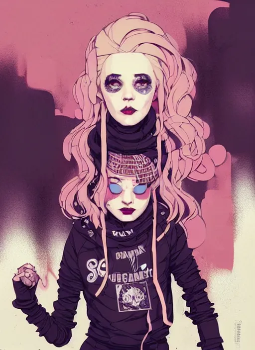 Image similar to highly detailed portrait of a sewer punk lady, tartan hoody, blonde ringlet hair by atey ghailan, by greg rutkowski, by greg tocchini, by james gilleard, by joe fenton, by kaethe butcher, gradient magenta, black, blonde cream and white color scheme, grunge aesthetic!!! ( ( graffiti tag wall background ) )