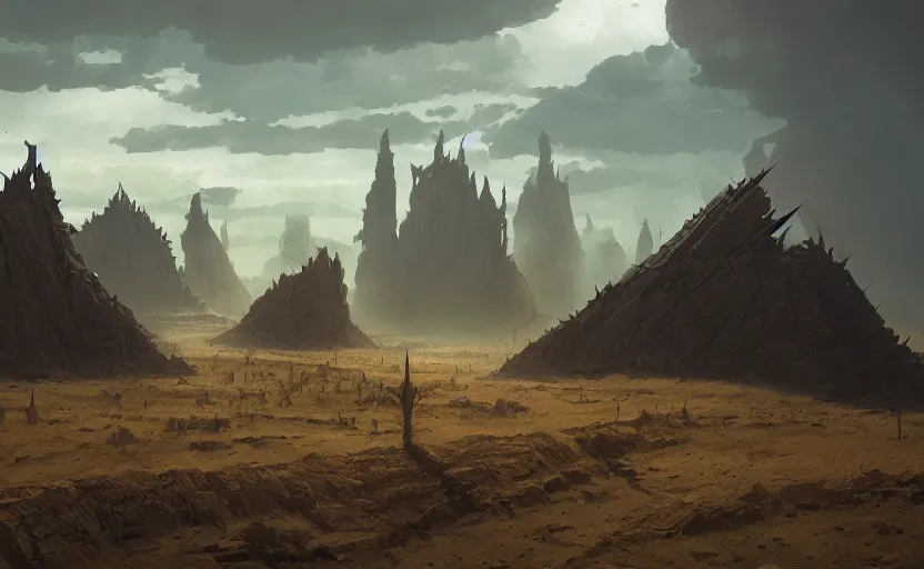 Prompt: flat wastelands, sharp rock spikes, greg rutkowski, brom, james gurney, mignola, craig mullins, alan lee