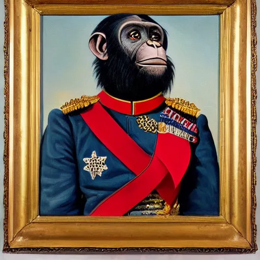 Image similar to An exquisite modern painting of a chimpanzee dressed like a bearded Napoleon with correct military uniform, no frames