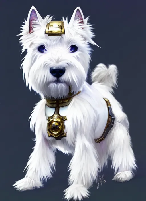 Image similar to a west highland white terrier, anime art style, wearing futuristic, led - lit armor, and a cannon mounted on his back, portrait, high detail, sharp focus, digital painting, artstation, concept art, art by hayao miyazaki and artgerm and greg rutkowski and alphonse mucha.