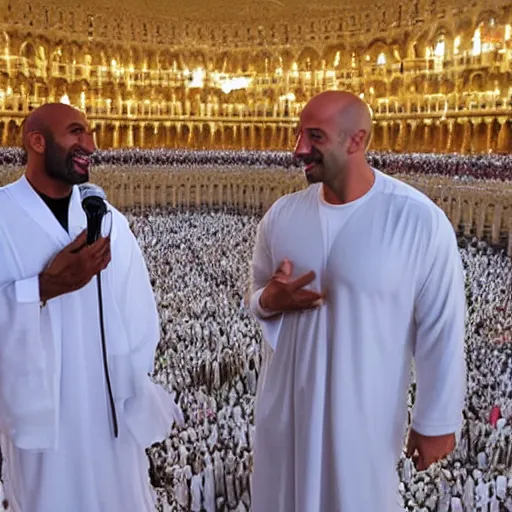 Prompt: Dwane Johnson and Vin Disel doing hajj in Mecca