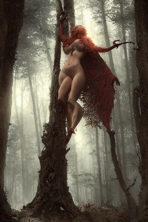 Image similar to fat devil in the woods, intricate, ethereal, by luis royo, hyper detailed, weta digital, ray trace, unreal engine, trending on artist, beautifully lit, cinematic, soft light, photorealistic, volumetric, realistic, glossy, 8 k post - production, masterpiece, luxury, smooth