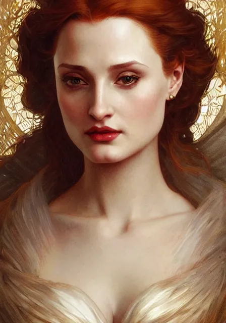 Image similar to sansa angeline jolie gessica chastain, intricate, elegant, highly detailed, digital painting, artstation, concept art, smooth, sharp focus, illustration, art by artgerm and greg rutkowski and alphonse mucha and william - adolphe bouguereau