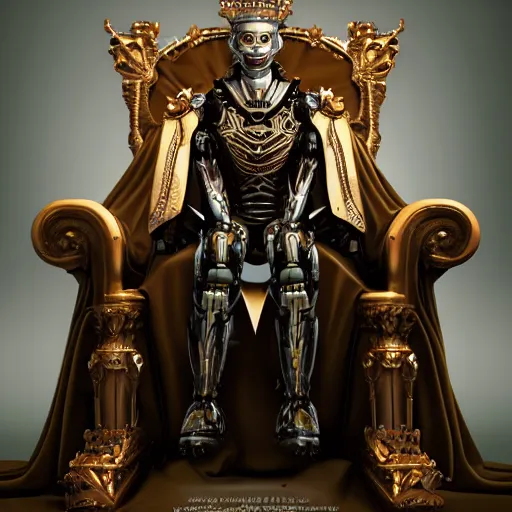 Prompt: Majestic picture of a humanoid robot wearing a kings robe, sitting on a throne, artstation