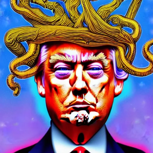 Image similar to an extremely psychedelic portrait of donald trump as medusa, surreal, lsd, face, detailed, intricate, elegant, lithe, highly detailed, digital painting, artstation, concept art, smooth, sharp focus, illustration