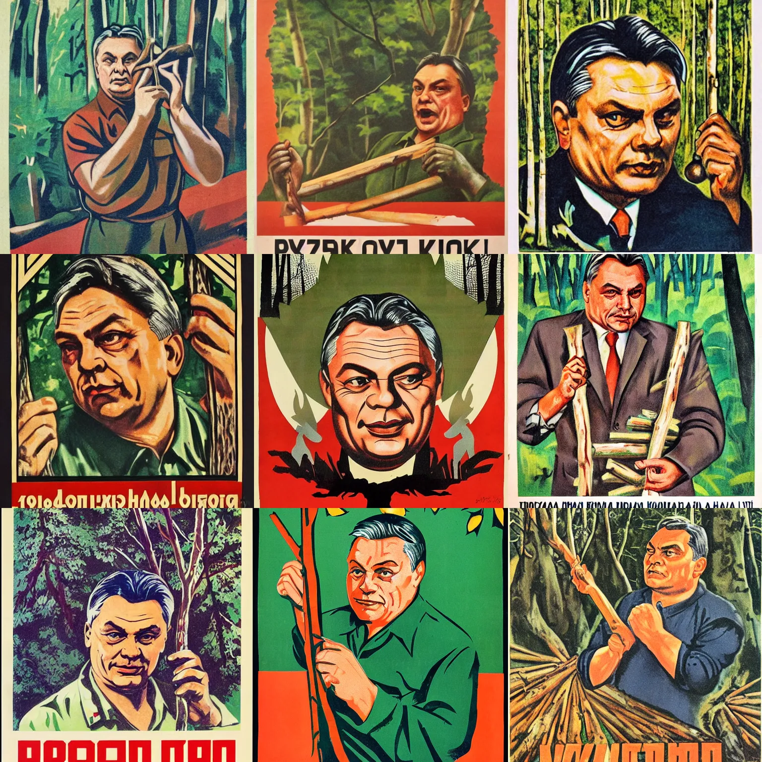 Prompt: soviet propaganda poster of viktor orban in a forest, highly detailed face, holding a wood piece, 1 9 2 0 s