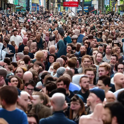 Image similar to a 3 0 foot tall, ginger, balding man walking among the crowd