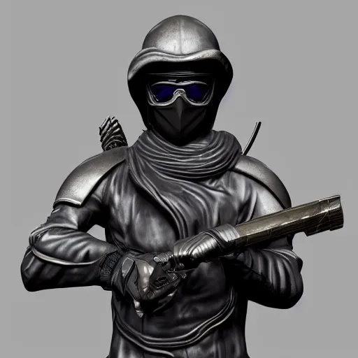 Image similar to 3 d rendering of marble and chrome statue of ninja wearing full face mask and hunter hat, dramatic pose, combat suit, technological, octane render