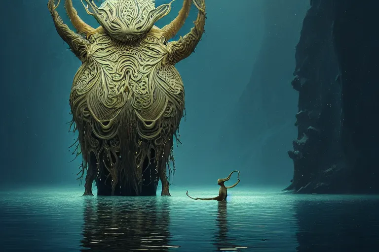 Image similar to creature in a alaska, water reflection, backlit, warm tones, bioluminescent bioluminescent translucent translucent : : by michal karcz, daniel merriam, victo ngai and guillermo del toro : : ornate, dynamic, particulate, intricate, elegant, highly detailed, centered, artstation, smooth, sharp focus, octane render, 3 d