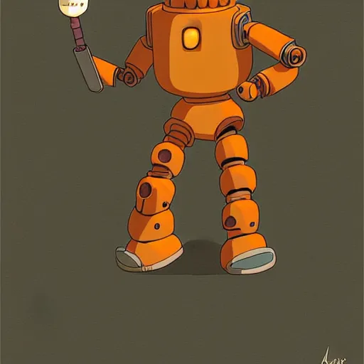 Image similar to a study of cell shaded cartoon of an orange robot monk from howl's moving castle ( 2 0 0 4 ) on a desert road, full body, wide shot, very muted colors, post grunge, studio ghibli, laurie greasley, highly detailed, deviantart, art by artgem