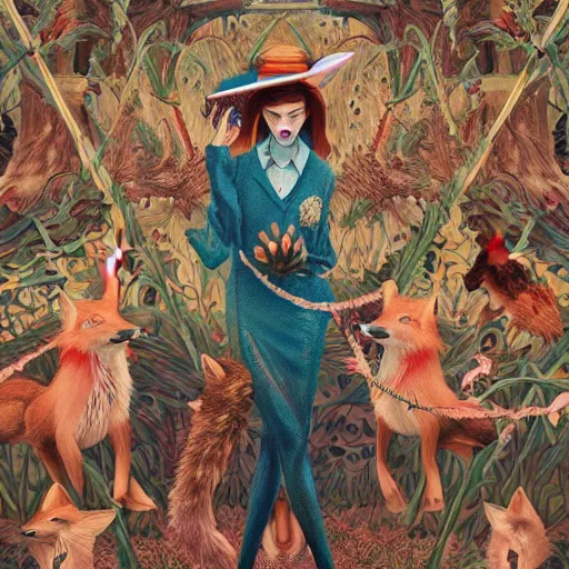 Image similar to pretty model with foxes : : by martine johanna and simon stalenhag and chie yoshii and casey weldon and wlop : : ornate, dynamic, particulate, rich colors, intricate, elegant, highly detailed, vogue, harper's bazaar art, fashion magazine, smooth, sharp focus, 8 k, octane render