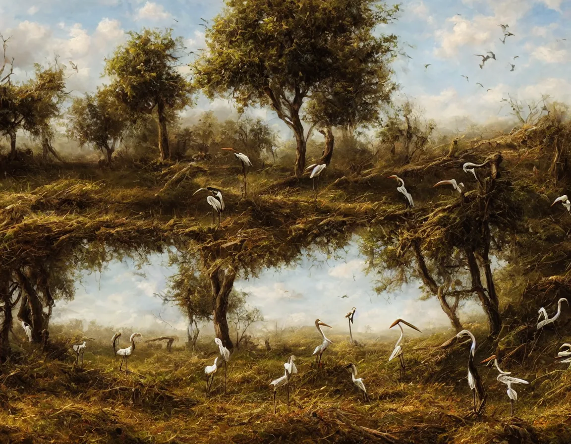 Prompt: the beautiful oil painting of the pair of storks walking by the field and looking to the destroyed weapons and war tanks, trending on artstation, digital art, highly detailed, canvas oil painting