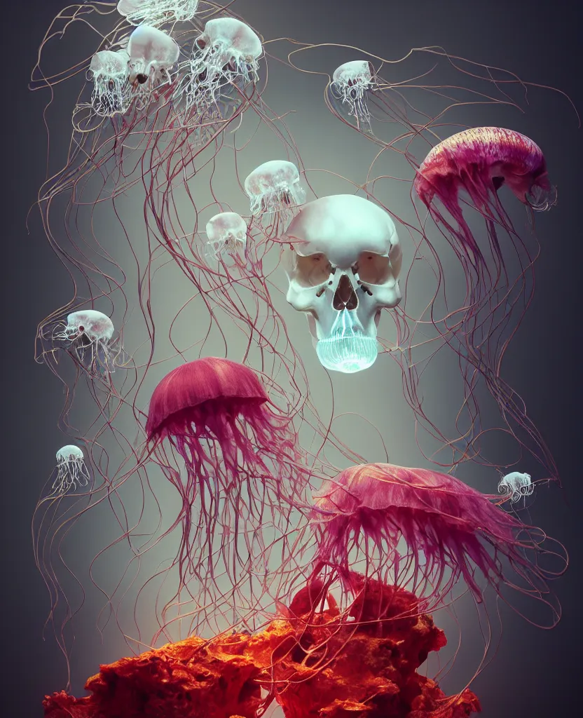 Image similar to composition of human skulls, animals skulls, bones, rib-cage. jellyfish orchids and betta fish, bioluminiscent, intricate artwork by Tooth Wu and wlop and beeple. octane render, trending on artstation, greg rutkowski very coherent symmetrical artwork. cinematic, hyper realism, high detail, octane render, 8k