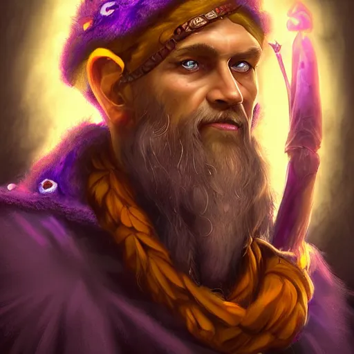 Image similar to A professional digital portrait painting of a D&D druid, painted in the style of Arcane, 4k, digital art, trending on cgsociety, highly detailed, upper body shot, shallow depth of field, purple and yellow lighting, professional lighting, airbrush,