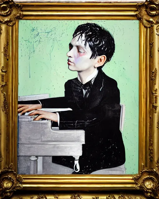 Prompt: 3 d portrait of a child piano player in tuxedo painted by vincent lefevre and hernan bas and pablo amaringo and pat steir and hilma af klint, psychological, photorealistic, dripping paint, washy brush, rendered in octane, altermodern, masterpiece