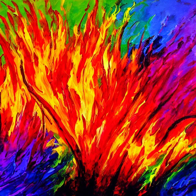 Image similar to cross fire burning in flames, rainbow colors, oil painting, bold strokes