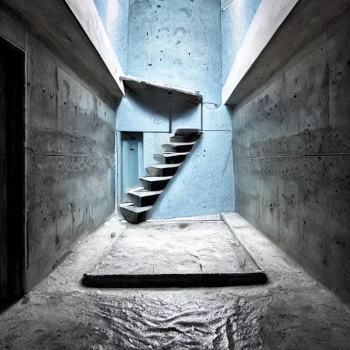 Image similar to dingy abandoned concrete room, triangular room, blue pool tiles, liminal space, museum, concrete staircase leading down, staircase flooded with water to create a moon pool, Photograph, found footage, dark, dingy.