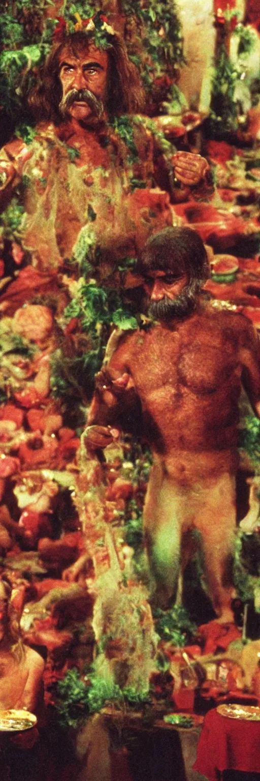 Image similar to an 8 0 mm color macro hi def picture of sean connery as zardoz as he's accessing third eye second level during his 9 6 6 th birthday party along with female friends. everything is of the second level including plates of green bread and hams on the isle of kun lao. volumetric lighting with picoso hotdogs. atmospheric. scary fog national geographic.