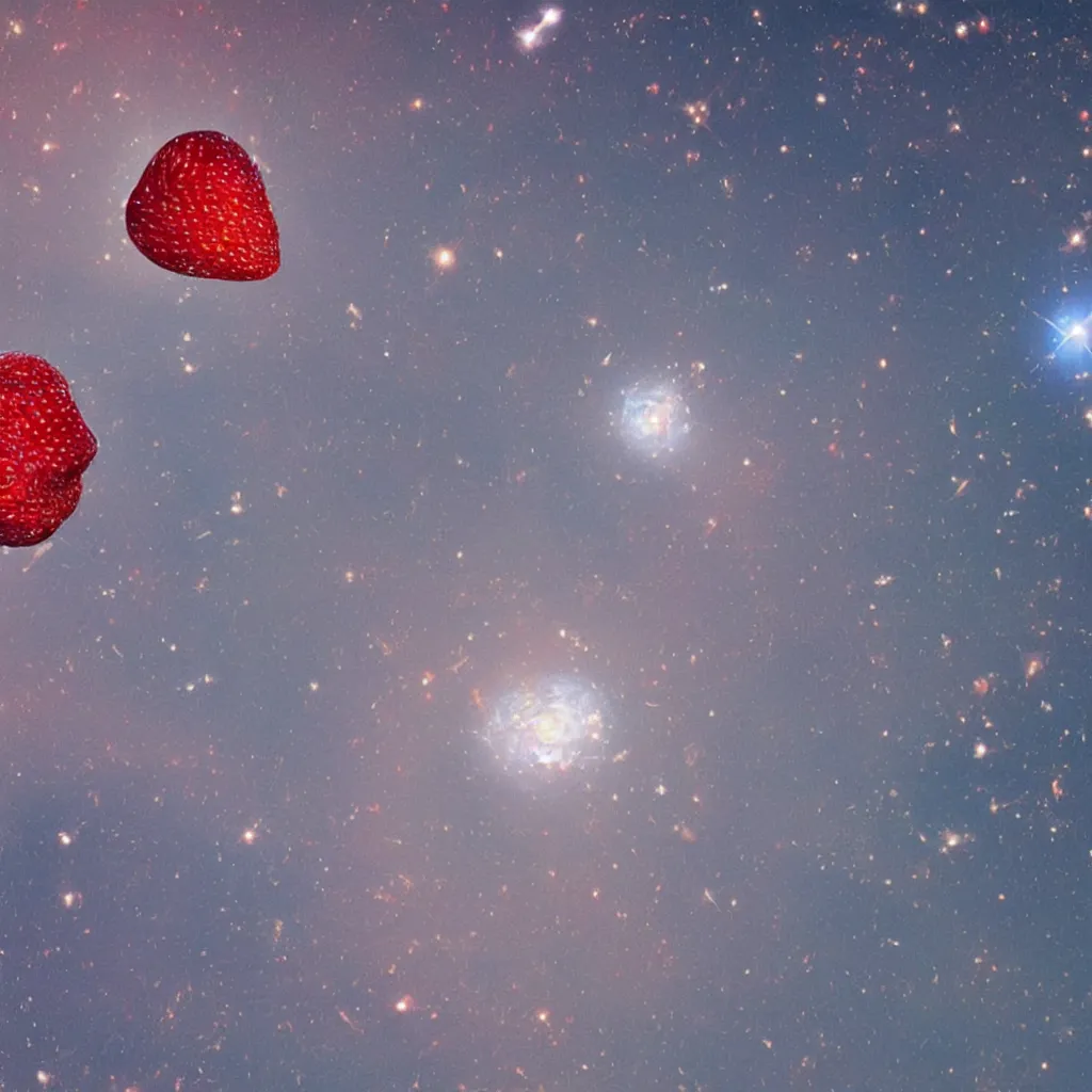 Image similar to a peach-like neutron star is bursting and throwing strawberry to all around