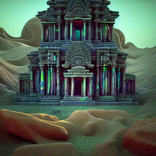 Prompt: ancient temple made of opal carved in opal, desolate and lush landscape, moody, :: by Jeff Koons, Dan McPharlin Daniel Merrian :: ornate, dynamic, particulate, rich colors, intricate, elegant, highly detailed, centered, artstation, smooth, sharp focus, octane render, 3d