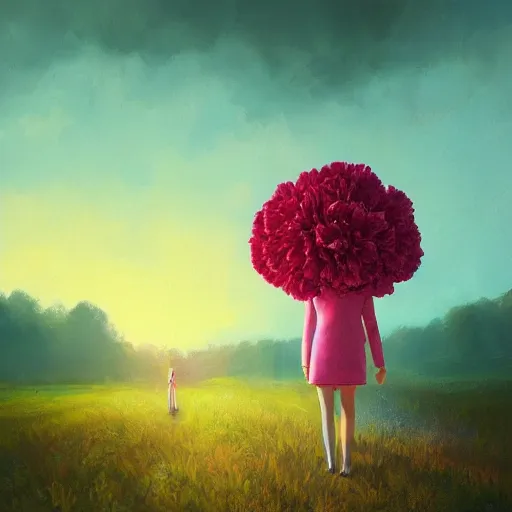 Image similar to giant carnation flower head, girl in a suit, on a path, surreal photography, sunrise, dramatic light, impressionist painting, digital painting, artstation, simon stalenhag