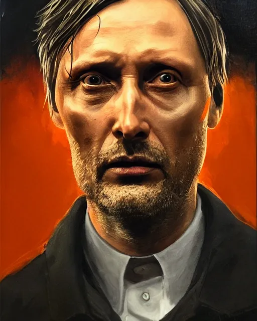 Prompt: mads mikkelson as clifford unger from death stranding, mysterious portrait, oil painting, orange fill light