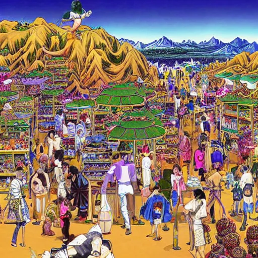 Image similar to a beautiful painting of a desert marketplace filled with alien people by hirohiko araki, detailed line art, jojos bizarre adventure