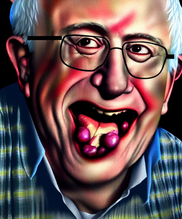 Image similar to hyperrealistic mixed media painting of Bernie Sanders as a laughing drunk, tattered plaid shirt, dimly lit dive bar, stunning 3d render inspired art by P. Craig Russell and Barry Windsor-Smith + perfect facial symmetry + dim volumetric lighting, 8k octane beautifully detailed render, post-processing, extremely hyperdetailed, intricate, epic composition, grim yet sparkling atmosphere, cinematic lighting + masterpiece, trending on artstation, very very detailed, masterpiece, stunning