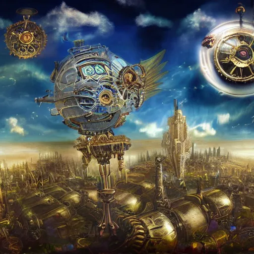 Image similar to flying steampunk city in an enormous mechanical flower, sky, fantasy art