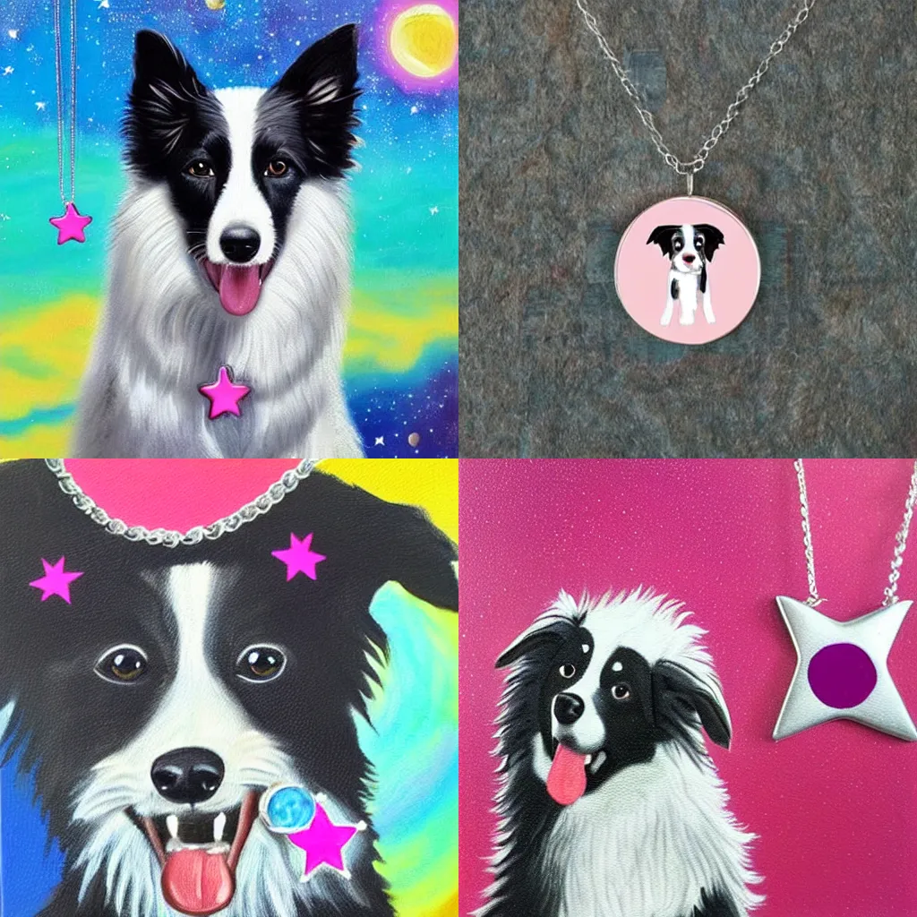 Prompt: a smiling border collie dog in outer space, a smiling border collie dog wearing a small pink star necklace, stunning painting