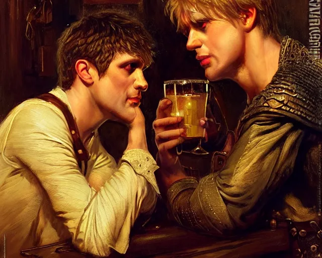 Image similar to attractive arthur pendragon and attractive merlin, both around 2 5 years old go to a pub together to have some drinks. highly detailed painting by gaston bussiere, craig mullins, j. c. leyendecker 8 k