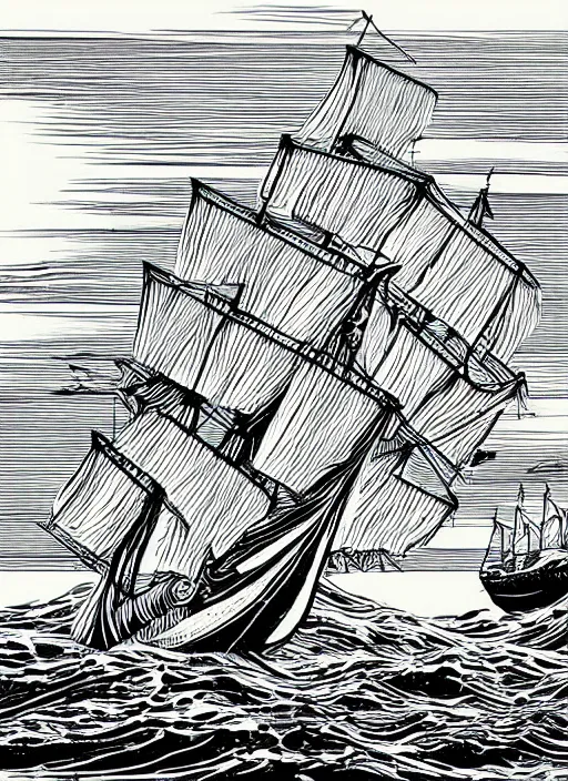 Image similar to realistic galleon ghost ship on the high seas with stormy big waves, art by james o barr, woodblock print, steel engraving, black and white, vector, vector art