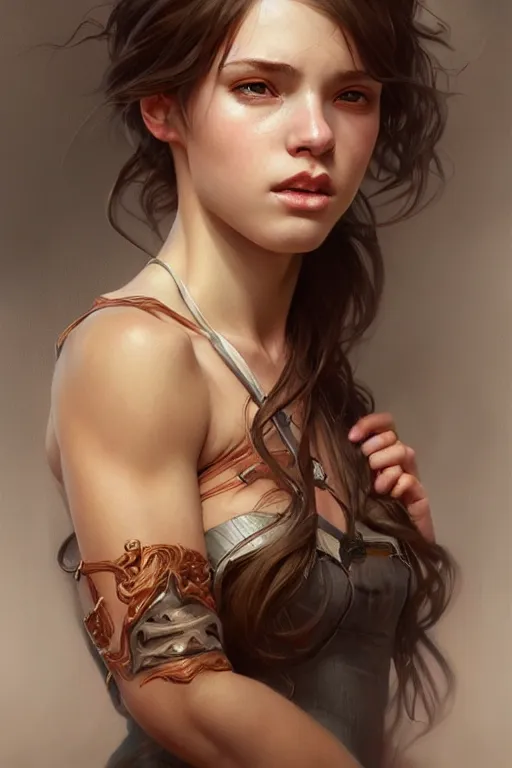 Image similar to photorealistic portrait of a young girl drinks monsyer energy, female, masculine, upper body, fantasy, fierce, sharp features, intricate, elegant, highly detailed, digital painting, artstation, concept art, matte, sharp focus, illustration, art by artgerm and greg rutkowski and alphonse mucha