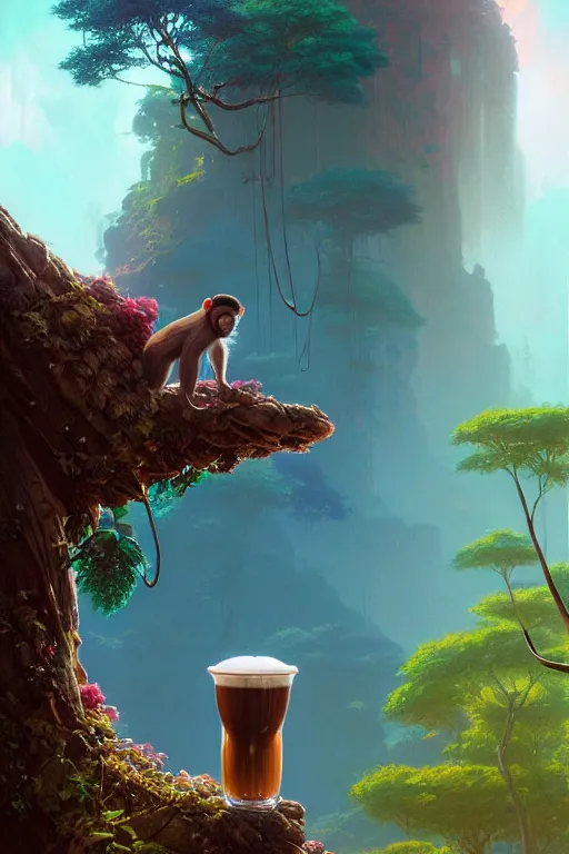 Image similar to highly detailed portrait of rainbow - colored cappuccin monkey, stephen bliss, unreal engine, fantasy art by greg rutkowski, rhads, ferdinand knab, makoto shinkai and lois van baarle, ilya kuvshinov, rossdraws, tom bagshaw, global illumination, radiant light, red blue theme, jungle, flowers