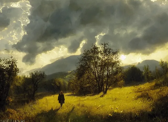 Prompt: oil painting of translucent pears on tree, medieval forest path in dawn by anders zorn, wonderful art by greg rutkowski, incredible lighting, shadows, beautiful cinematic light, american romanticism by greg manchess, tall rocky mountains and storm clouds, sun rays, sunshine, bright sunny summer day, stone walls and wooden fences, meadow