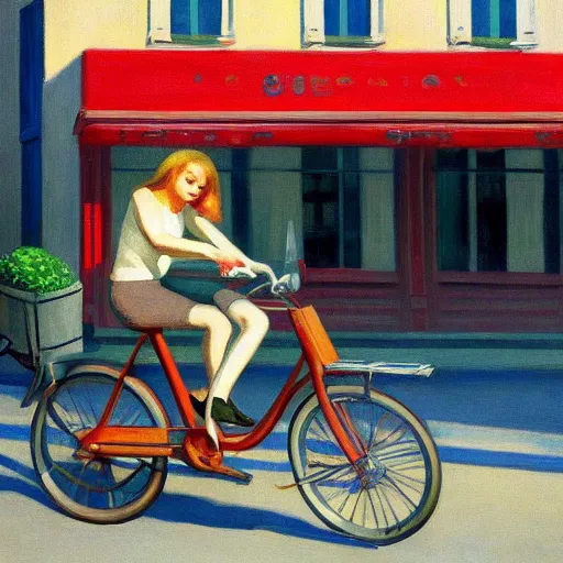 Image similar to young puppy riding a bike in paris. edward hopper. faithfully depicted, sharp focus, global illumination, radiant light, detailed and intricate environment, trending on artstation