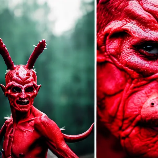 Image similar to A demon, four eyes, four hands, four legs, red skin, epic lighting, taken with Sony a7R camera, EOS-1D, f/1.4, ISO 200, 1/160s, 8K, RAW, unedited, symmetrical balance, in-frame