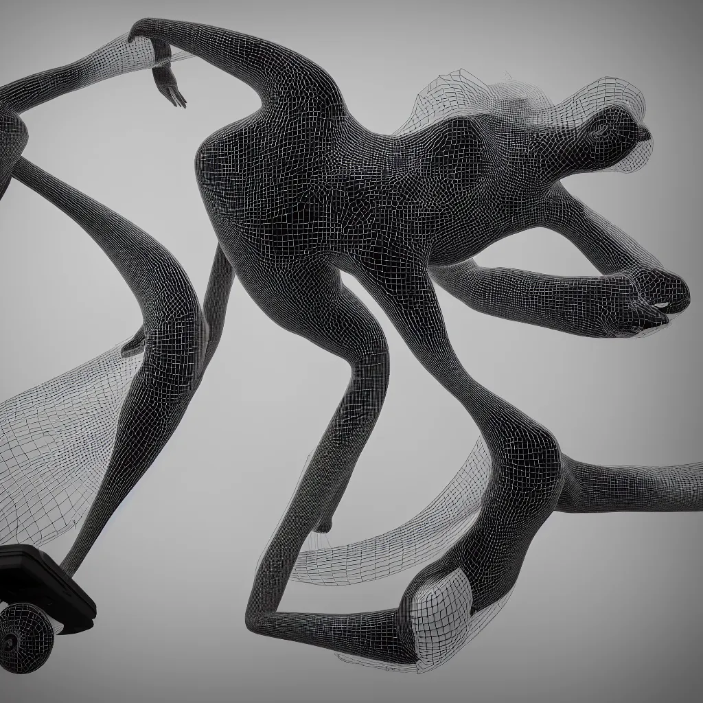 Image similar to black and white light wireframe geometry, friends doing backflips on hoverboards, matte bright highly detailed, epic, 3D render, digital art, SideFX Houdini, 8K artistic photography, photo-realistic, by Hiroya Oku, Charles Lee