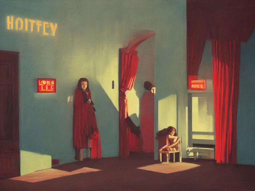 Prompt: lone girl waiting inside a 70s cinema, stanley kubrick the shinning, american gothic, vibrant colors americana, cinematic, volumetric lighting, ultra wide angle view, realistic, detailed painting in the style of Edward Hopper and René Magritte