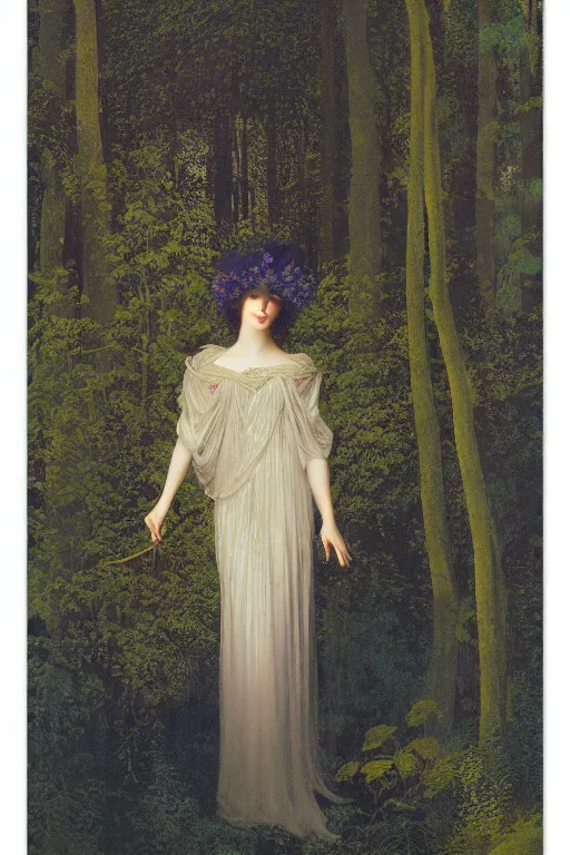 Prompt: portrait of the queen of night in a forest clearing at twilight| richly embroidered velvet| lush foliage | dramatic lighting | Maxfield Parrish and John Waterhouse