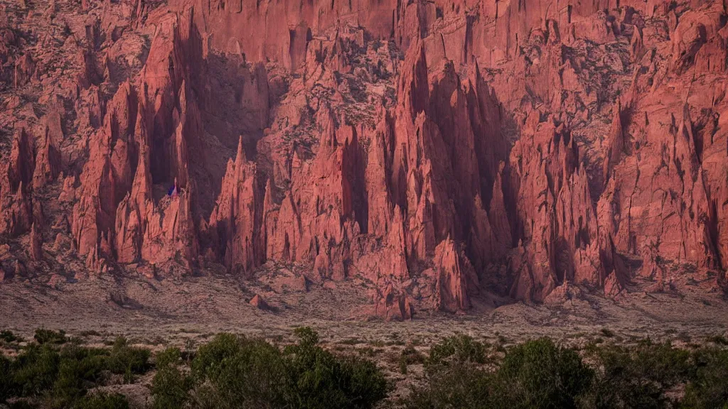 Image similar to an atmospheric film still by Christopher Nolan with a huge towering dark gothic cathedral carved out of rock at the top of a red rock canyon