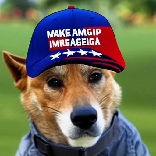 Image similar to doge with make america great again cap, realistic, 8 k,