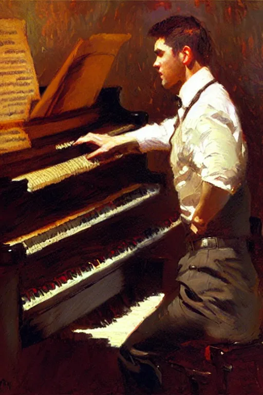 Image similar to attractive man playing piano, painting by gaston bussiere, craig mullins